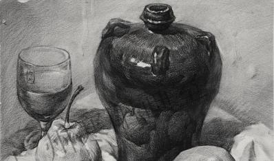 水果盤子杯子素描靜物美術作品